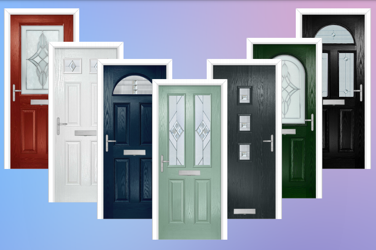 A collection of eight different coloured doors against a gradient background.