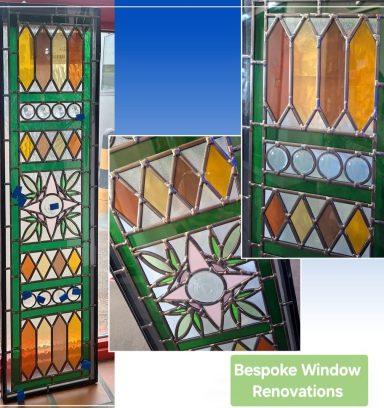 Colourful stained glass featuring geometric patterns and floral designs.